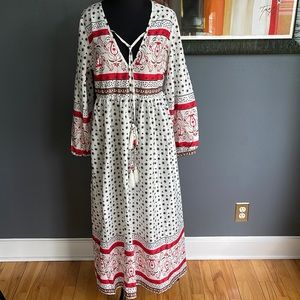 Misslook white print gathered skirt maxi. Deep V tassel tie neckline. New. Small